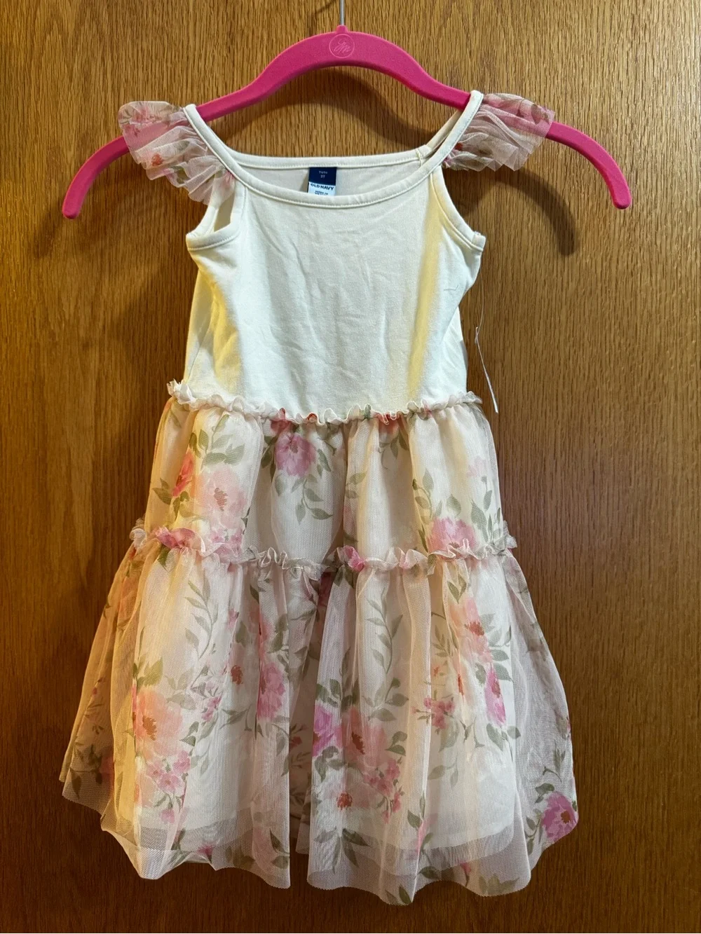 NWT 3T Girls' Cream and Pink Floral Tiered Dress old navy